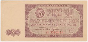 5 złotych 1948 - AF Złamanie pionowe centralnie i drugie około 1 cm od prawej krawędzi. Zagniotka na lewym marginesie i zaokrąglone lewe narożniki. Na...