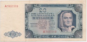 20 złotych 1948 - A Banknot w stanie naturalnym, bez konserwacji. Trzy złamania pionowe z zabrudzeniami na ich grzbietach, a poza tym tylko drobne nag...