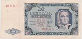20 złotych 1948 - B Trzy złamania pionowe i&nbsp; jedno poziome. Nieznaczne przybrudzenia powierzchni z jedną wyraźniejszą plamką na lewym marginesie....