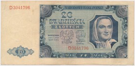 20 złotych 1948 - D Złamanie pionowe centralnie i zagniecenia poboczne. Drobne przybrudzenia powierzchni i plamka za numeratorem. Ślady zmęczenia obie...