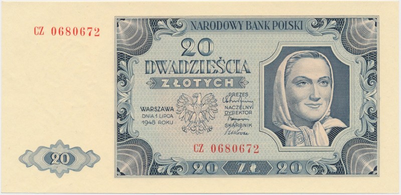 20 złotych 1948 - CZ Znakomity, nieobiegowy egzemplarz jak prosto z paczki banko...