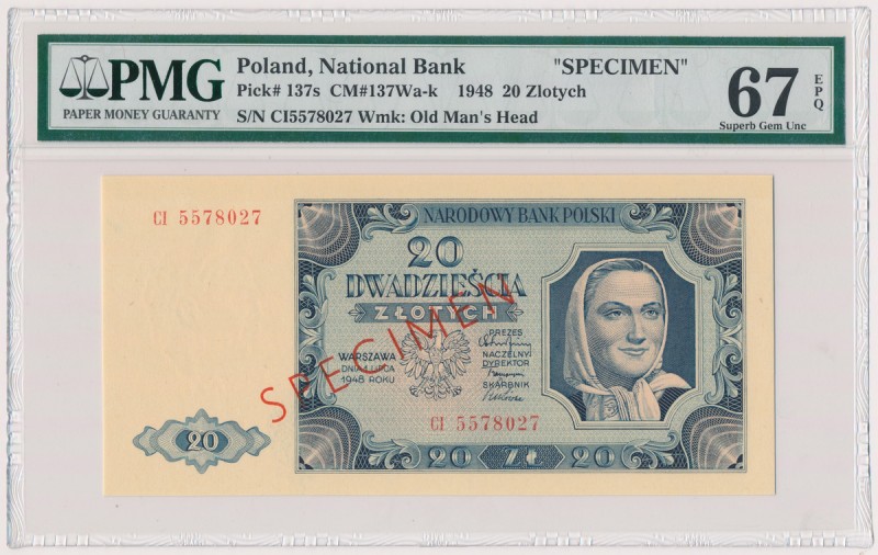 20 złotych 1948 - SPECIMEN - CI Rzadziej spotykany wzór wykonany na banknotach z...