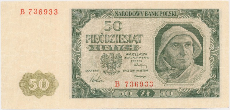 50 złotych 1948 - 6 cyfr - B Banknot po dobrze przeprowadzonej, choć dość mocnej...