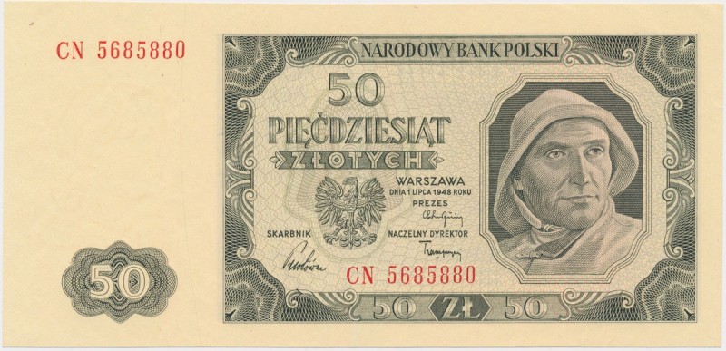 50 złotych 1948 - CN Egzemplarz w stanie emisyjnym, z pojedynczym zgięciem piono...