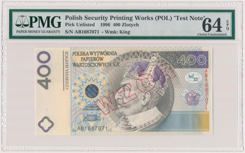 PWPW 400 złotych 1996 - WZÓR na awersie Reference: Parchimowicz 3, Lucow 1701 (R...