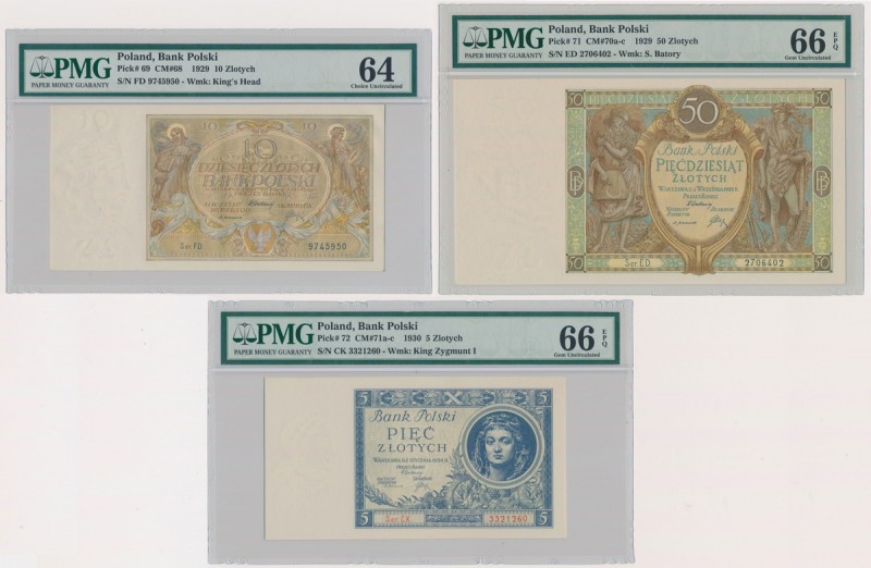 5, 10 i 50 złotych 1929-1930 (3szt) Bardzo ładne banknoty w starym gradingu PMG....