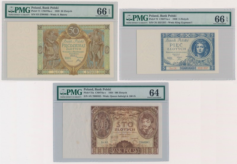 5, 50 i 100 złotych 1929-1934 (3szt) Ładny zestaw selekcjonowanych banknotów w s...