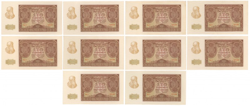 100 złotych 1940 - Ser.E (10szt) Wszystkie banknoty o pięknej, świeżej, praktycz...