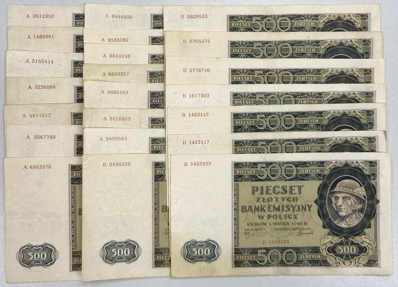 500 złotych 1940 - zestaw (22szt) Większość banknotów w st. 3/3+. Reference: Mił...