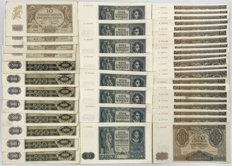 Zestaw banknotów 10 - 500 złotych 1940-1941 (41szt) W skład zestawu wchodzą: 10 ...