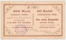 Białystok, 100 Mk = 60 rub 1915 - numer dwucyfrowy [93] Najwyższy nominał emisji. 
Reference: Podczaski R-028.B.3.a
Grade: VG+ 

POLAND POLEN GERM...