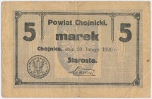 Chojnice, 5 marek 1920 Reference: Podczaski W-007.1
Grade: F+ 

POLAND POLEN GERMANY RUSSIA NOTGELDS