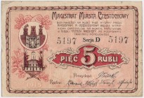 Częstochowa, 5 rubli 1915 - D Reference: Podczaski R-051.A.1.c
Grade: VG+ 

POLAND POLEN GERMANY RUSSIA NOTGELDS