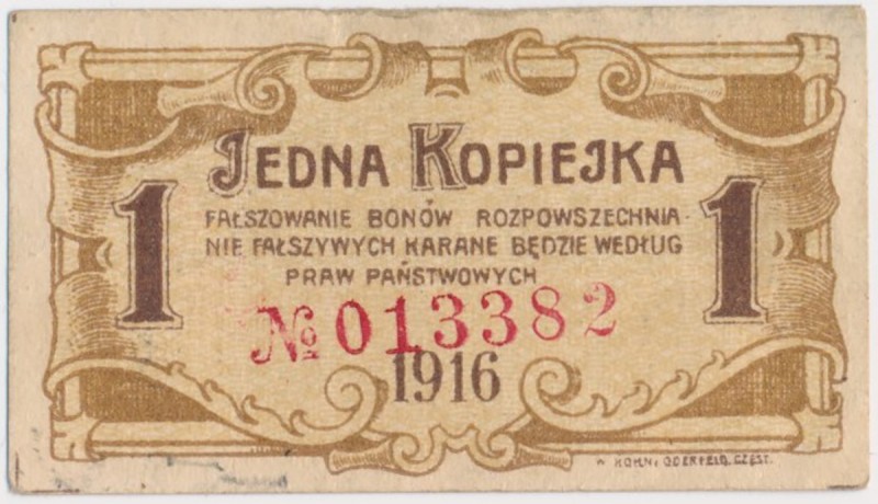 Częstochowa, 1 kopiejka 1916 Reference: Podczaski R-051.B.1.c
Grade: ~XF 

PO...