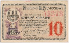 Częstochowa, 10 kopiejek 1916 - 5 cyfr Reference: Podczaski R-051.B.3.c
Grade: UNC/AU 

POLAND POLEN GERMANY RUSSIA NOTGELDS