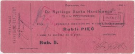 Częstochowa, Ryski Bank Handlowy 5 rubli 1914 Reference: Podczaski R-053.A.4.a
Grade: VG+ 

POLAND POLEN GERMANY RUSSIA NOTGELDS