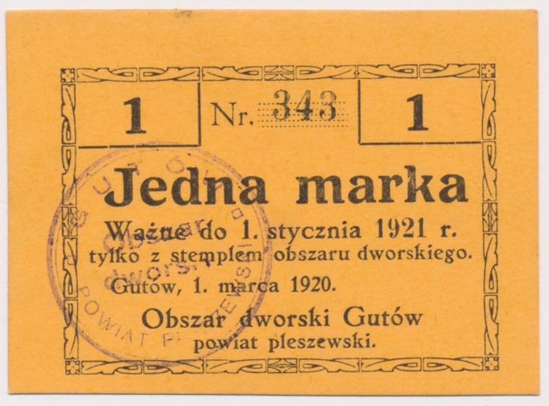 Gutów, 1 marka 1920 Reference: Podczaski P-044.2.a
Grade: UNC 

POLAND POLEN ...