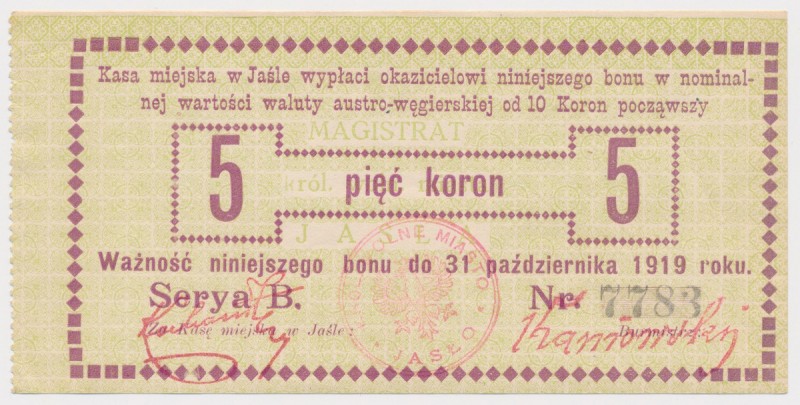 Jasło, 5 koron 1919 Reference: Podczaski G-116.4.b
Grade: AU 

POLAND POLEN G...