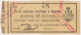 Kraków, Zarząd wodociągu miejskiego, 10 halerzy 1918 Reference: Podczaski G-133.1.b
Grade: VF+ 

POLAND POLEN GERMANY RUSSIA NOTGELDS
