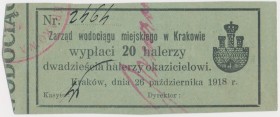 Kraków, Zarząd wodociągu miejskiego, 20 halerzy 1918 Reference: Podczaski G-133.2.a
Grade: XF 

POLAND POLEN GERMANY RUSSIA NOTGELDS