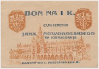 Kraków, Cukiernia J. NOWOROLSKIEGO, 1 korona Reference: Podczaski G-164.2.b
Grade: VF+ 

POLAND POLEN GERMANY RUSSIA NOTGELDS