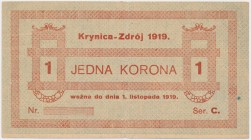 Krynica Zdrój, 1 korona 1919 - blankiet Pojedyncze złamanie z małym naddarciem. 
Reference: Podczaski G-193.1.d
Grade: VF+ 

POLAND POLEN GERMANY ...