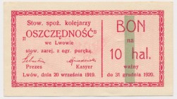 Lwów, Stow. spoż. kolejarzy OSZCZĘDNOŚĆ, 10 halerzy 1919 Reference: Podczaski G-219.1.b
Grade: AU 

POLAND POLEN GERMANY RUSSIA NOTGELDS