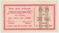Lwów, Stow. spoż. kolejarzy OSZCZĘDNOŚĆ, 20 halerzy 1919 Reference: Podczaski G-219.2.b
Grade: XF+ 

POLAND POLEN GERMANY RUSSIA NOTGELDS