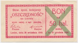 Lwów, Stow. spoż. kolejarzy OSZCZĘDNOŚĆ, 50 halerzy 1919 Reference: Podczaski G-219.3.b
Grade: AU 

POLAND POLEN GERMANY RUSSIA NOTGELDS