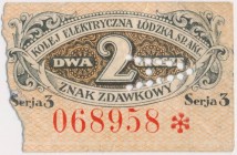Łódź, Kolej Elektryczna, 2 grosze (1925) Perforacja (litera A), nieopisana w katalogu Podczaskiego. Reference: Podczaski R-201.P.2
Grade: ~F 

POLA...