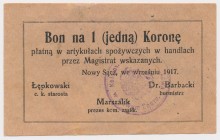 Nowy Sącz, 1 korona 1917 - wrzesień Stempel owalny.
Reference: Podczaski G-251.3.c
Grade: AU 

POLAND POLEN GERMANY RUSSIA NOTGELDS