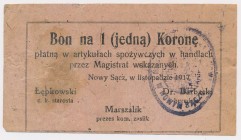 Nowy Sącz, 1 korona 1917 - listopad Stempel owalny.
Reference: Podczaski G-251.5.b
Grade: VF 

POLAND POLEN GERMANY RUSSIA NOTGELDS