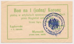 Nowy Sącz, 1 korona 1918 - czerwiec Stempel okrągły.
Reference: Podczaski G-251.9.a
Grade: XF+ 

POLAND POLEN GERMANY RUSSIA NOTGELDS