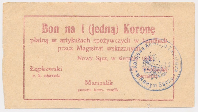 Nowy Sącz, 1 korona 1918 - sierpień Stempel okrągły.
Reference: Podczaski G-251...