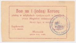 Nowy Sącz, 1 korona 1918 - sierpień Stempel okrągły.
Reference: Podczaski G-251.10.a
Grade: XF 

POLAND POLEN GERMANY RUSSIA NOTGELDS