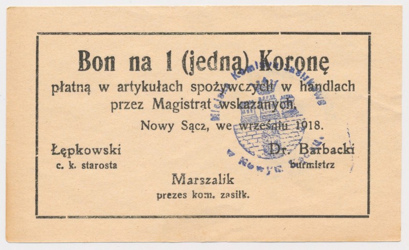 Nowy Sącz, 1 korona 1918 - wrzesień Reference: Podczaski G-251.11.a
Grade: AU ...