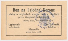 Nowy Sącz, 1 korona 1918 - wrzesień Reference: Podczaski G-251.11.a
Grade: AU 

POLAND POLEN GERMANY RUSSIA NOTGELDS