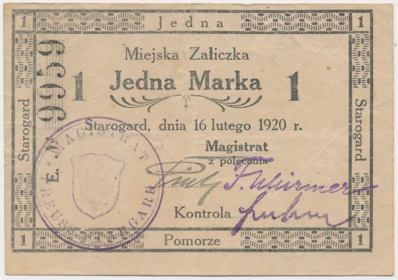 Starogard, 1 marka 1920 - E Reference: Podczaski W-042.C.1.c
Grade: VF+ 

POL...