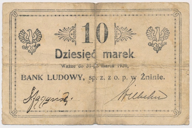 Żnin, Bank Ludowy, 10 marek (w.d. 31 marca 1920) - ODWROTKA Reference: Podczaski...