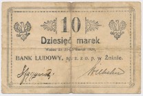 Żnin, Bank Ludowy, 10 marek (w.d. 31 marca 1920) - ODWROTKA Reference: Podczaski P-248.A.2
Grade: VG+ 

POLAND POLEN GERMANY RUSSIA NOTGELDS