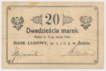 Żnin, Bank Ludowy, 20 marek (w.d. 31 marca 1920) - ODWROTKA Reference: Podczaski P-248.A.3
Grade: VF 

POLAND POLEN GERMANY RUSSIA NOTGELDS