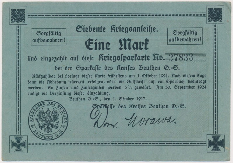 Beuthen O.S. (Bytom), KriegsSparkarte 1 mk 1917 Papier kartonowy. Wymiary: 15 x ...