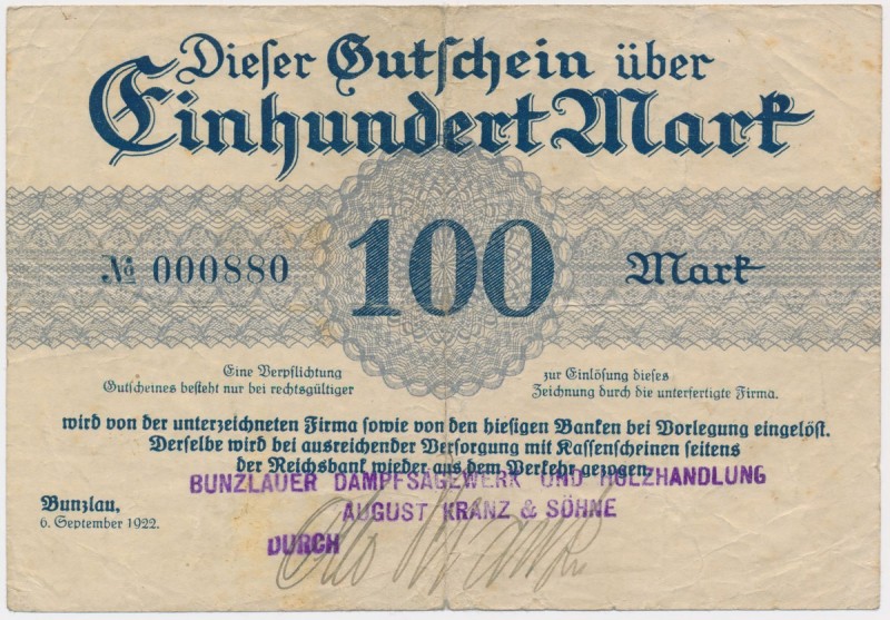 Bunzlau (Bolesławiec), 100 mk 1922 Reference: Muller 710.1
Grade: F+ 

POLAND...