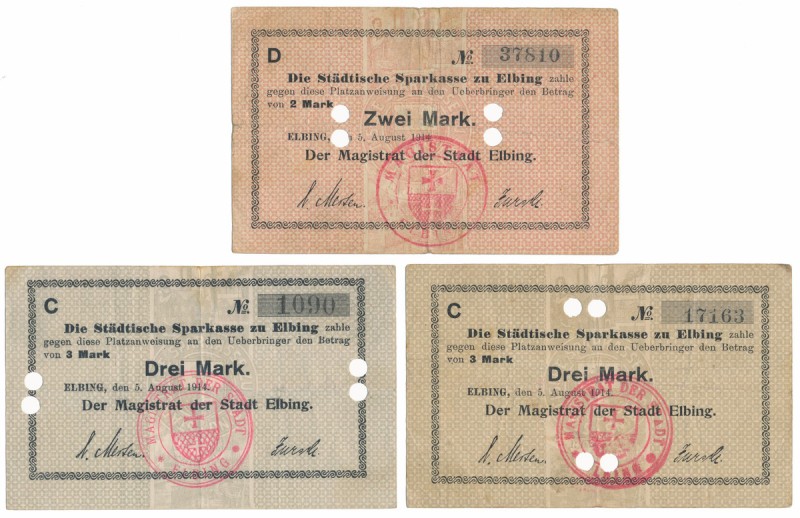 Elbing (Elbląg), 2 i 2x 3 mk 1914 (3szt) Reference: Diesner 91
Grade: F+/VF 
...