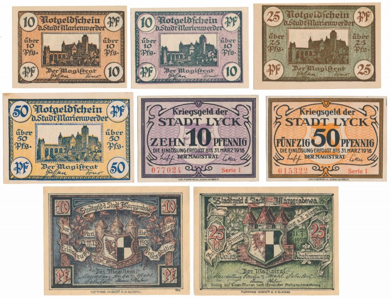 Prusy: Lyck, Marggrabowa, Marienwerder - zestaw (8szt) Banknot 50 pfg 1918 Ełk w...