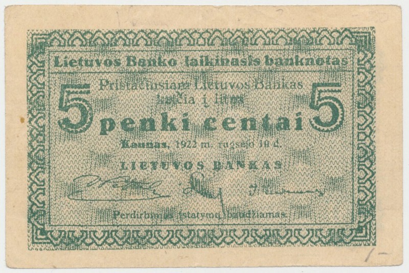 Lithuania, 5 Centas 1922 - september issuse Reference: Pick 2a
Grade: VF+ 

L...