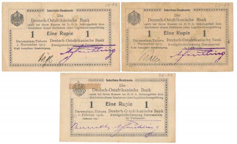 German East Africa, 2x 1 Rupie 1915 and 1 Rupie 1916 (3pcs) Reference: Pick 9Ab,...