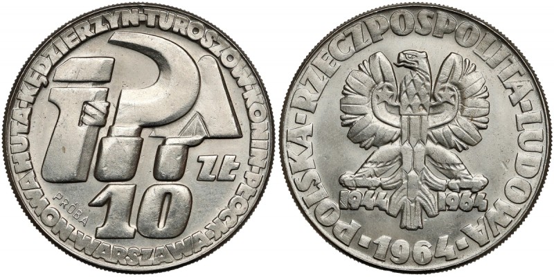 Próba NIKIEL 10 złotych 1964 Klucz, sierp i kielnia Piękna. 
Reference: Parchim...