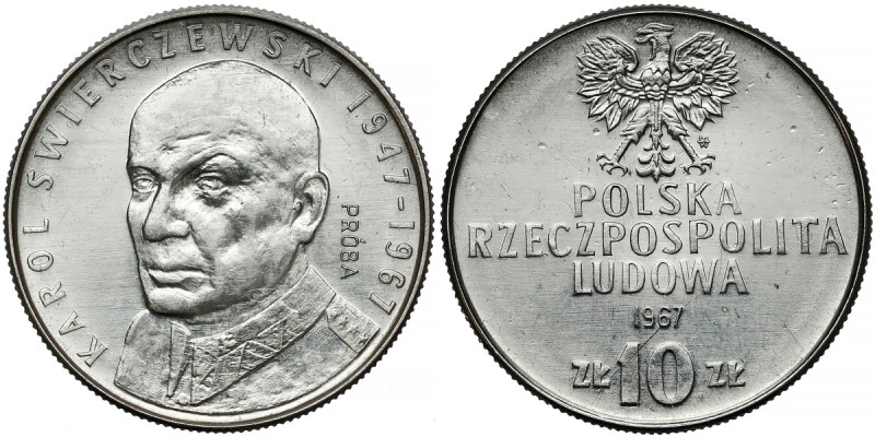 Próba NIKIEL 10 złotych 1967 Świerczewski - bez czapki Rysa u dołu awersu. 
Ref...