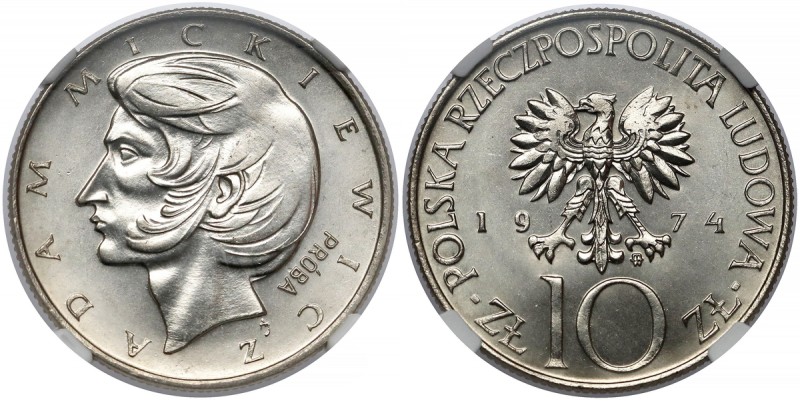 Próba NIKIEL 10 złotych 1974 Adam Mickiewicz Nakład 500 sztuk (NBP), 540 sztuk (...